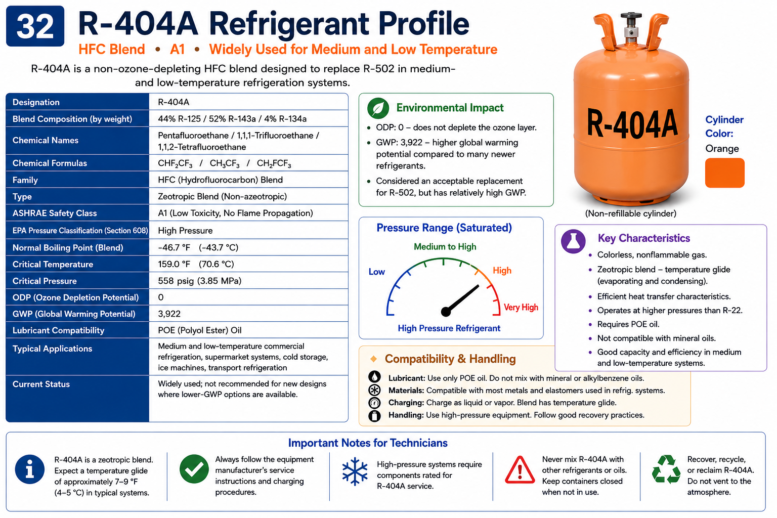 R-404A refrigerant profile showing HFC blend composition, A1 safety classification, commercial refrigeration applications, POE lubricant compatibility, and environmental characteristics