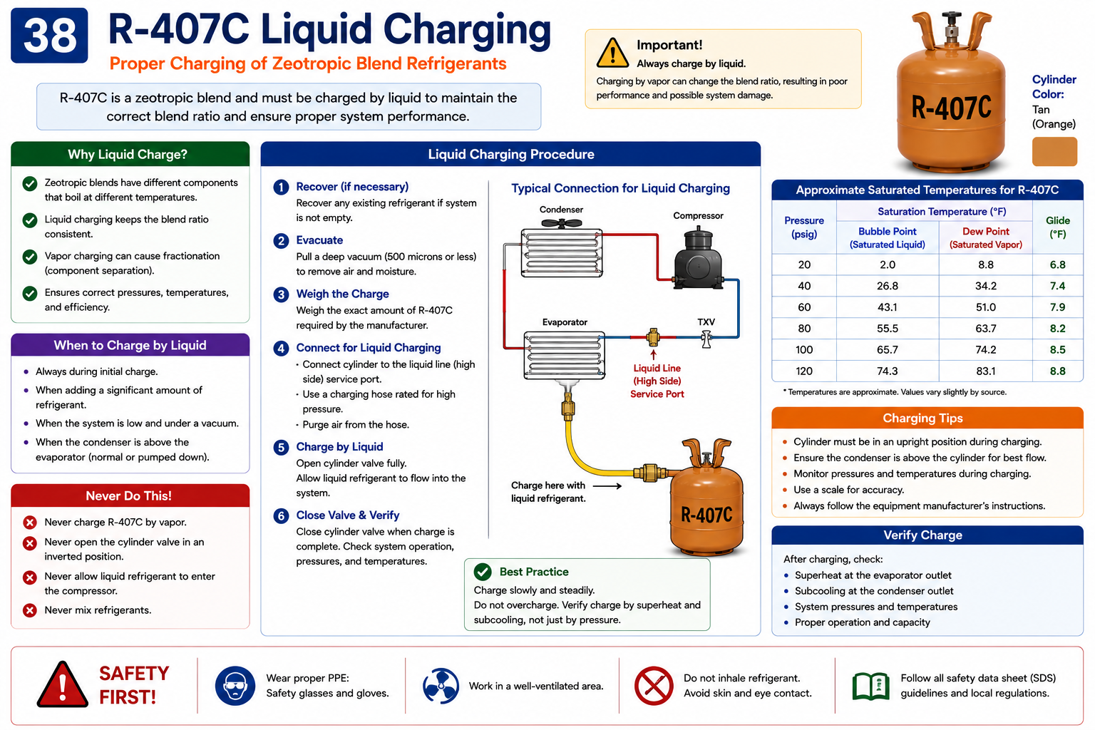 R-407C liquid charging diagram showing correct liquid withdrawal from a refrigerant cylinder and controlled charging procedures