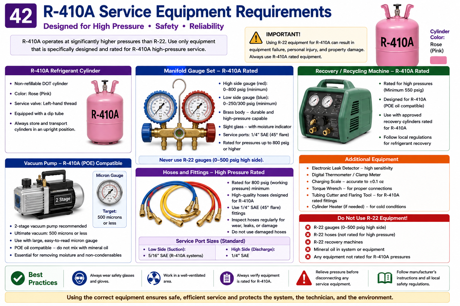 R-410A service equipment including properly rated manifold gauges, hoses, recovery equipment, vacuum pump, recovery cylinder, and refrigerant scale