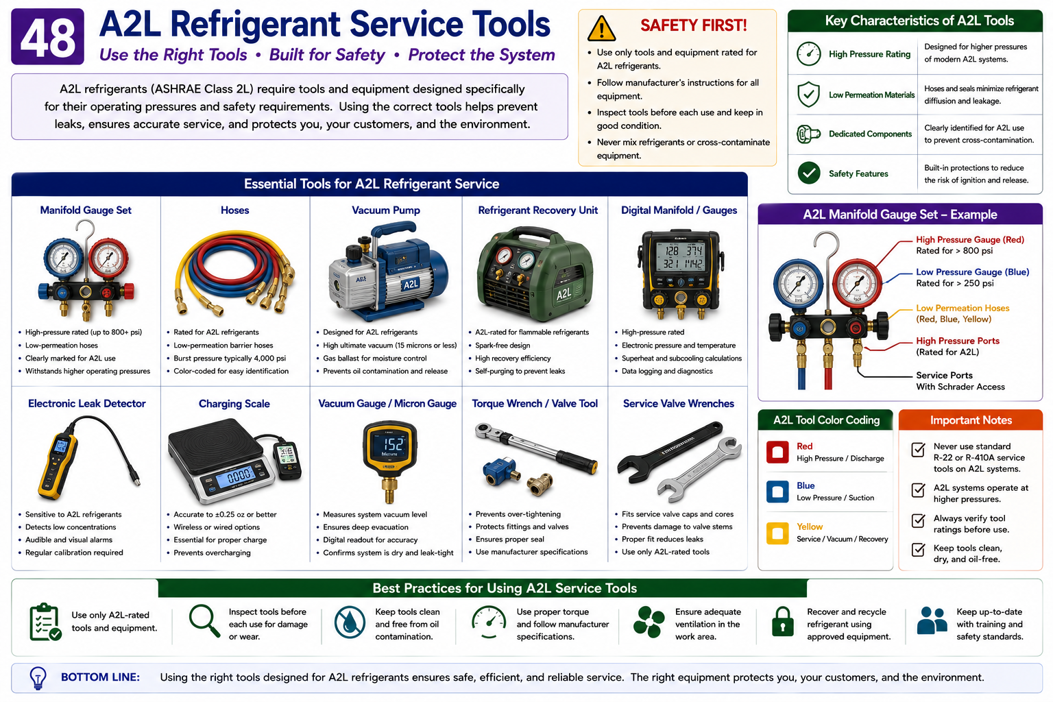 A2L refrigerant service tools including compatible recovery machine, electronic leak detector, vacuum pump, manifold, hoses, refrigerant scale, recovery cylinder, and ventilation equipment
