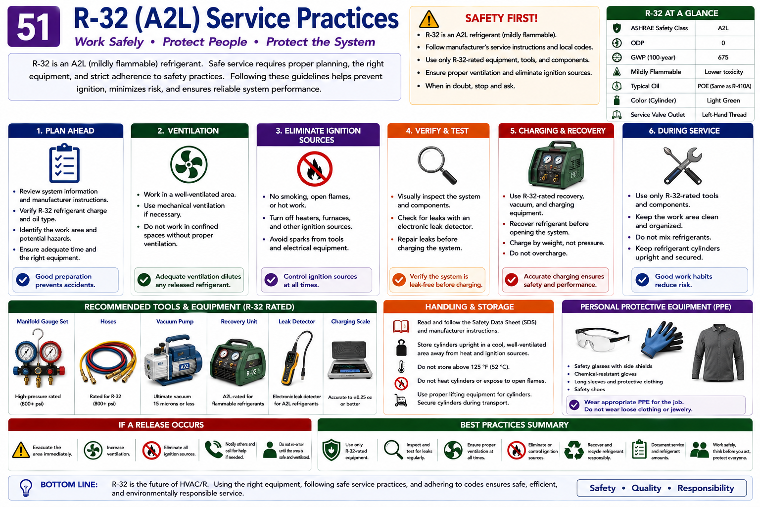 R-32 A2L service practices showing refrigerant identification, ventilation, ignition-source control, leak detection, recovery, charging, and compatible tools