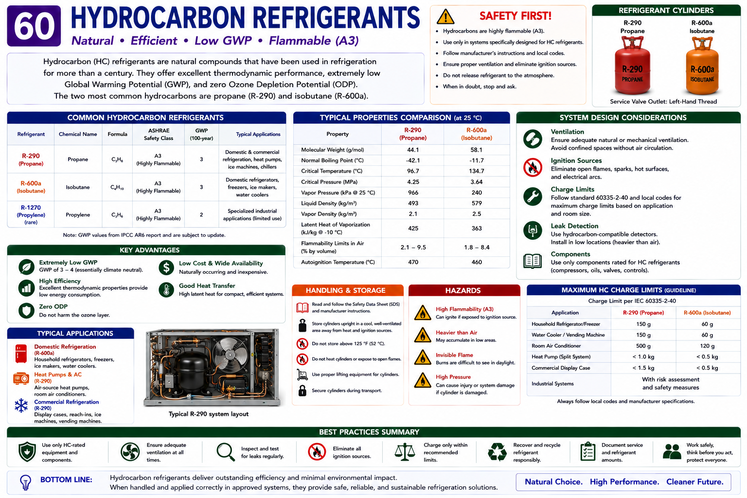 Overview of hydrocarbon refrigerants showing R-290 propane and R-600a isobutane, A3 safety classification, very low GWP, zero ODP, common applications, and flammability precautions