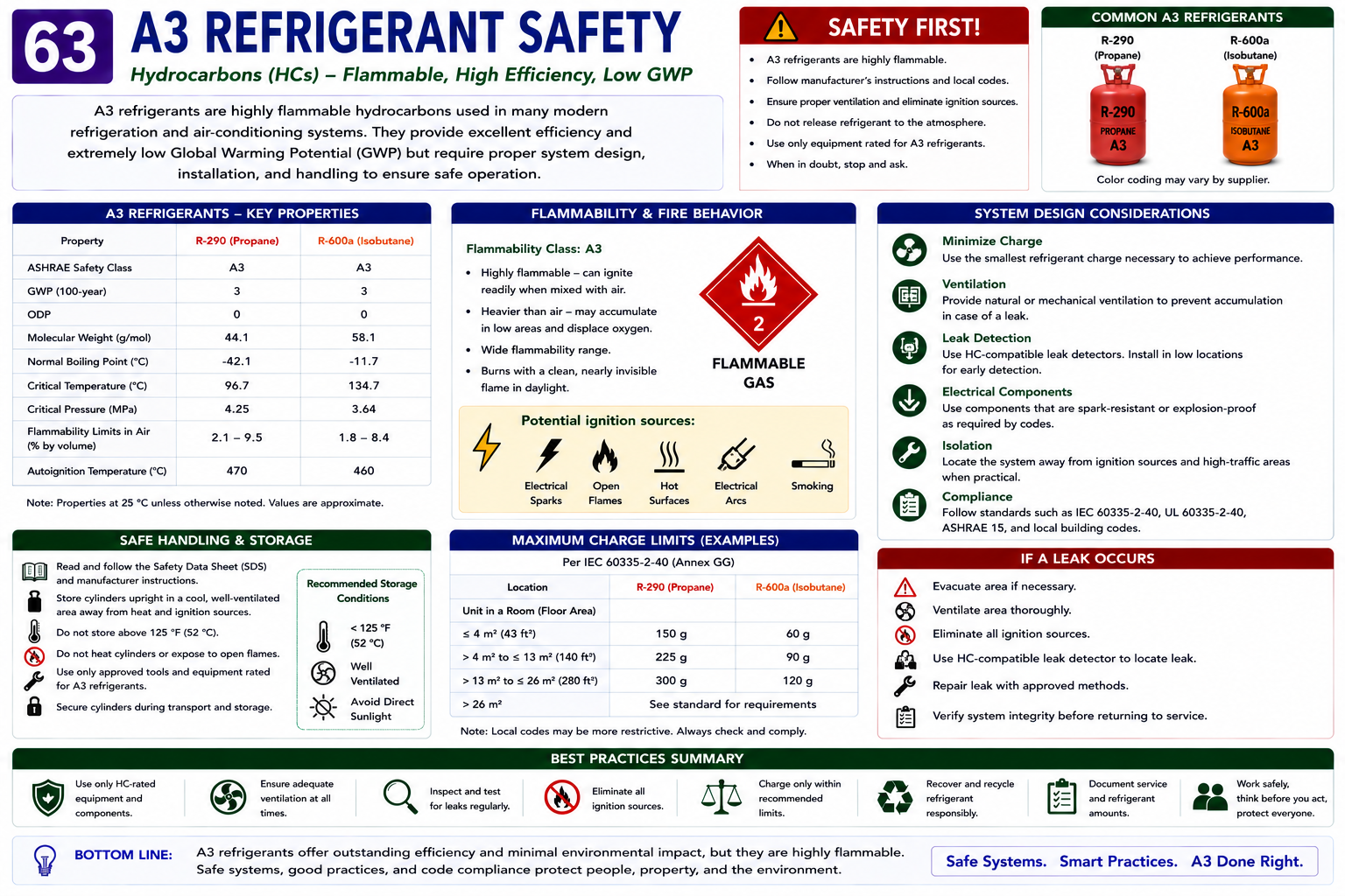 A3 refrigerant safety guide showing R-290 and R-600a flammability, ignition-source control, ventilation, leak response, appropriate tools, charge limitations, and safe service practices