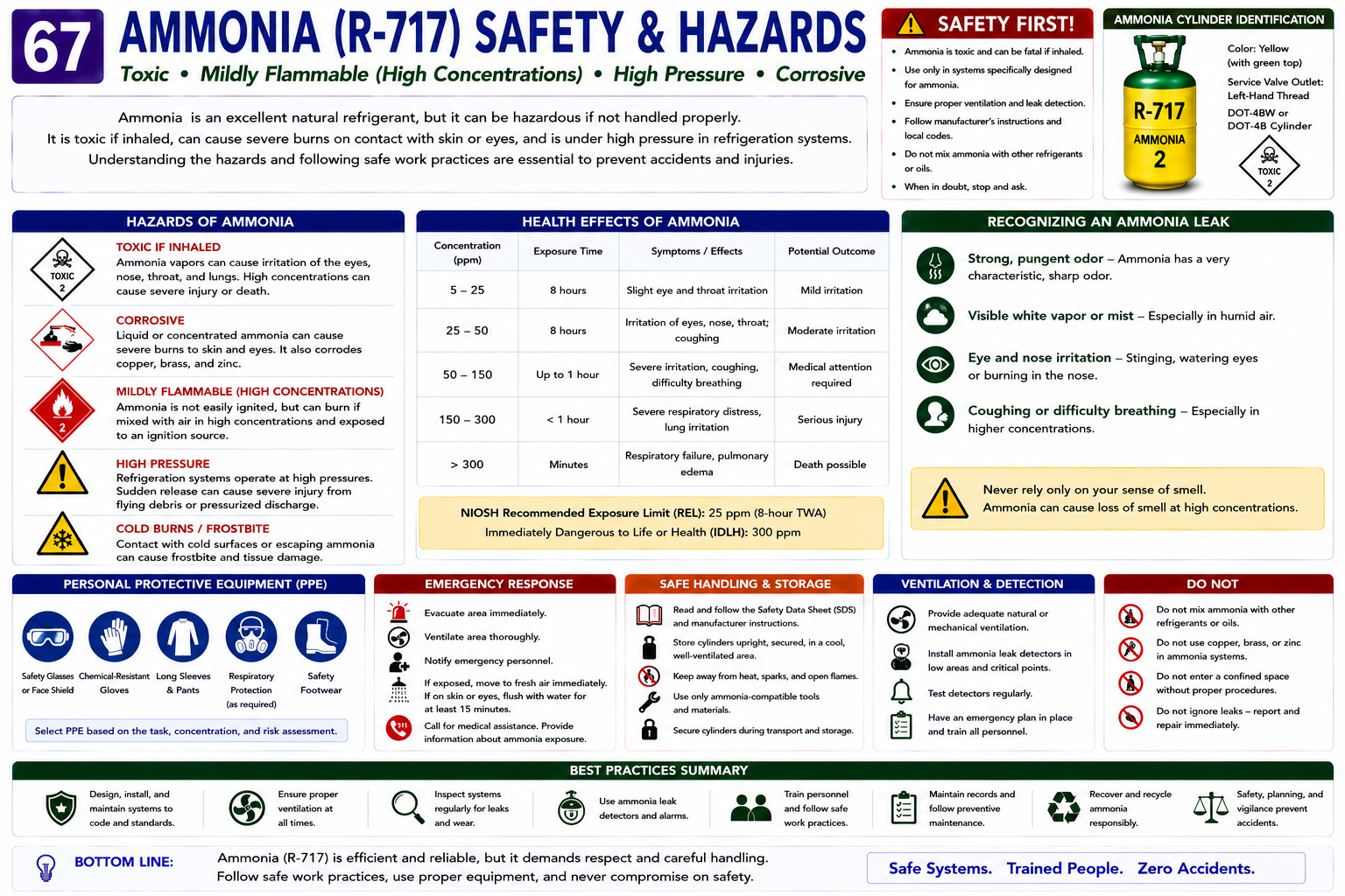 Ammonia safety hazards showing toxicity, inhalation hazards, chemical burns, PPE, exposure limits, ventilation, leak response, and emergency procedures