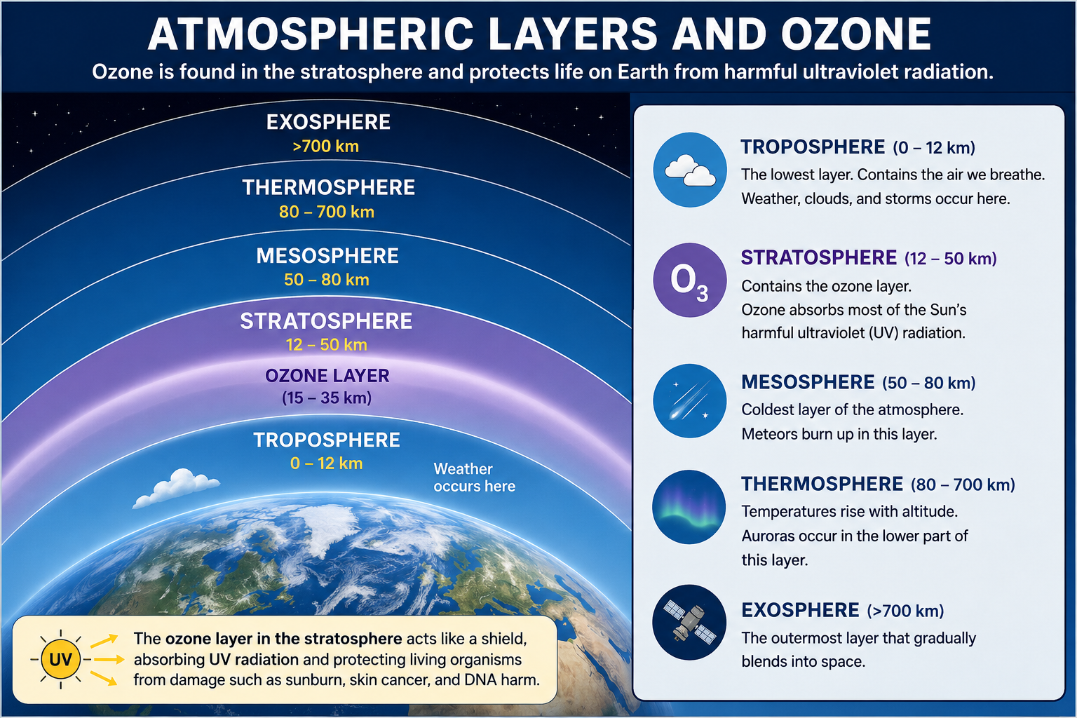 Diagram showing the atmospheric layers and the location of the stratospheric ozone layer
