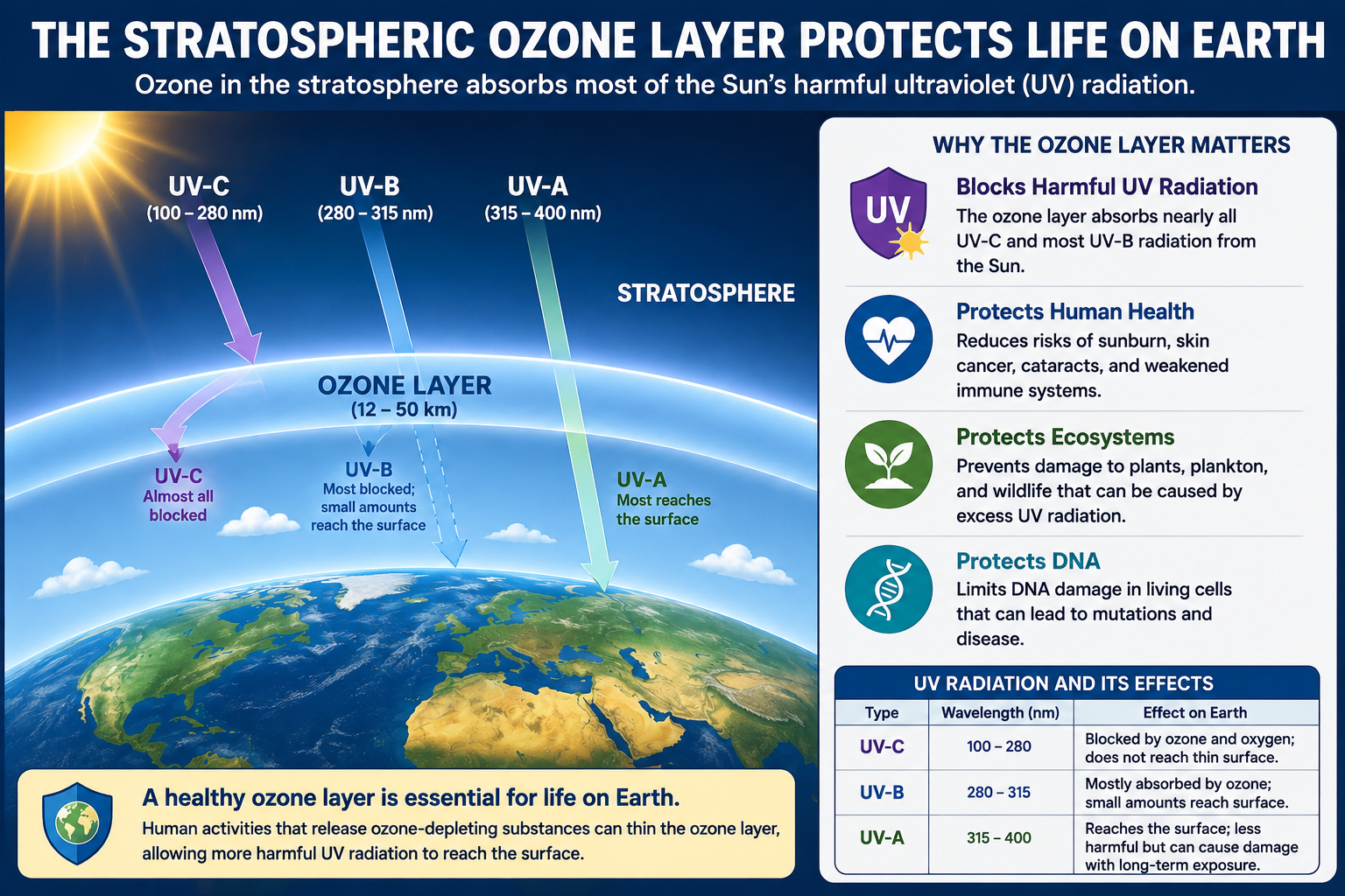 Diagram showing the stratospheric ozone layer absorbing harmful ultraviolet radiation from the sun