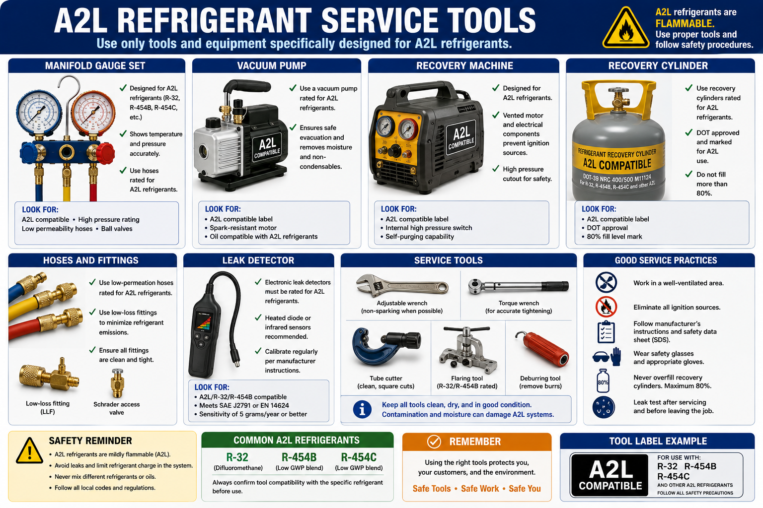 A2L refrigerant service tools including manifold gauges, hoses, recovery equipment, vacuum pump, leak detector, recovery cylinder, and hand tools