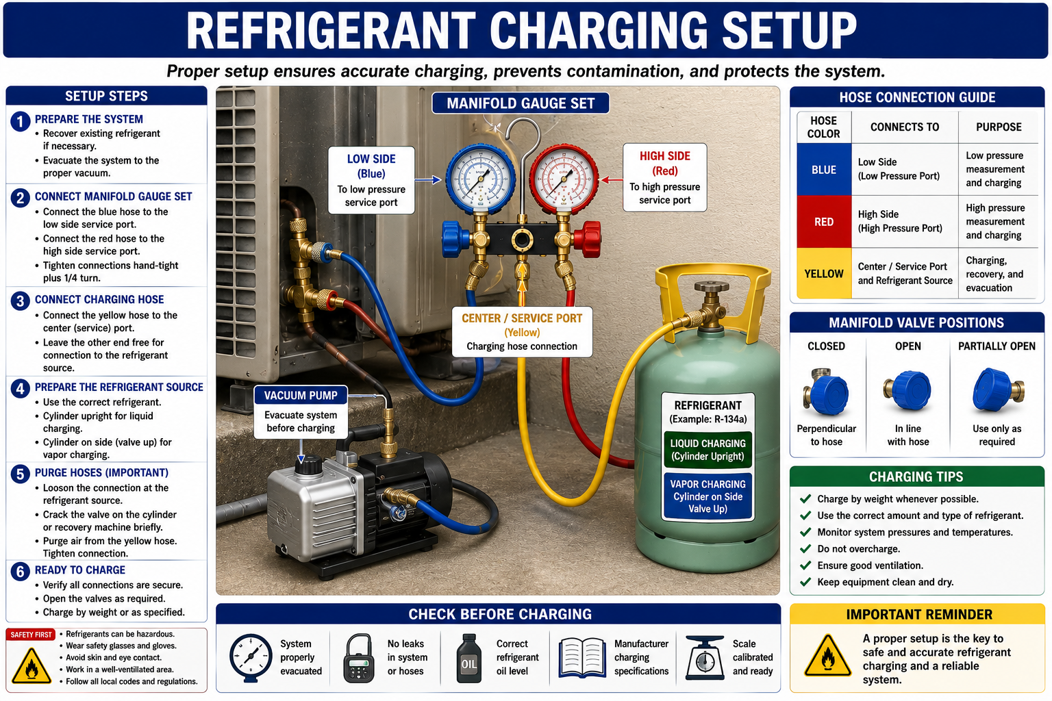 HVAC refrigerant charging setup showing refrigerant cylinder, scale, manifold gauge set, hoses, and system connections