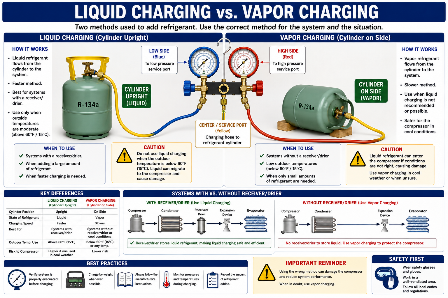 Comparison of liquid and vapor refrigerant charging methods