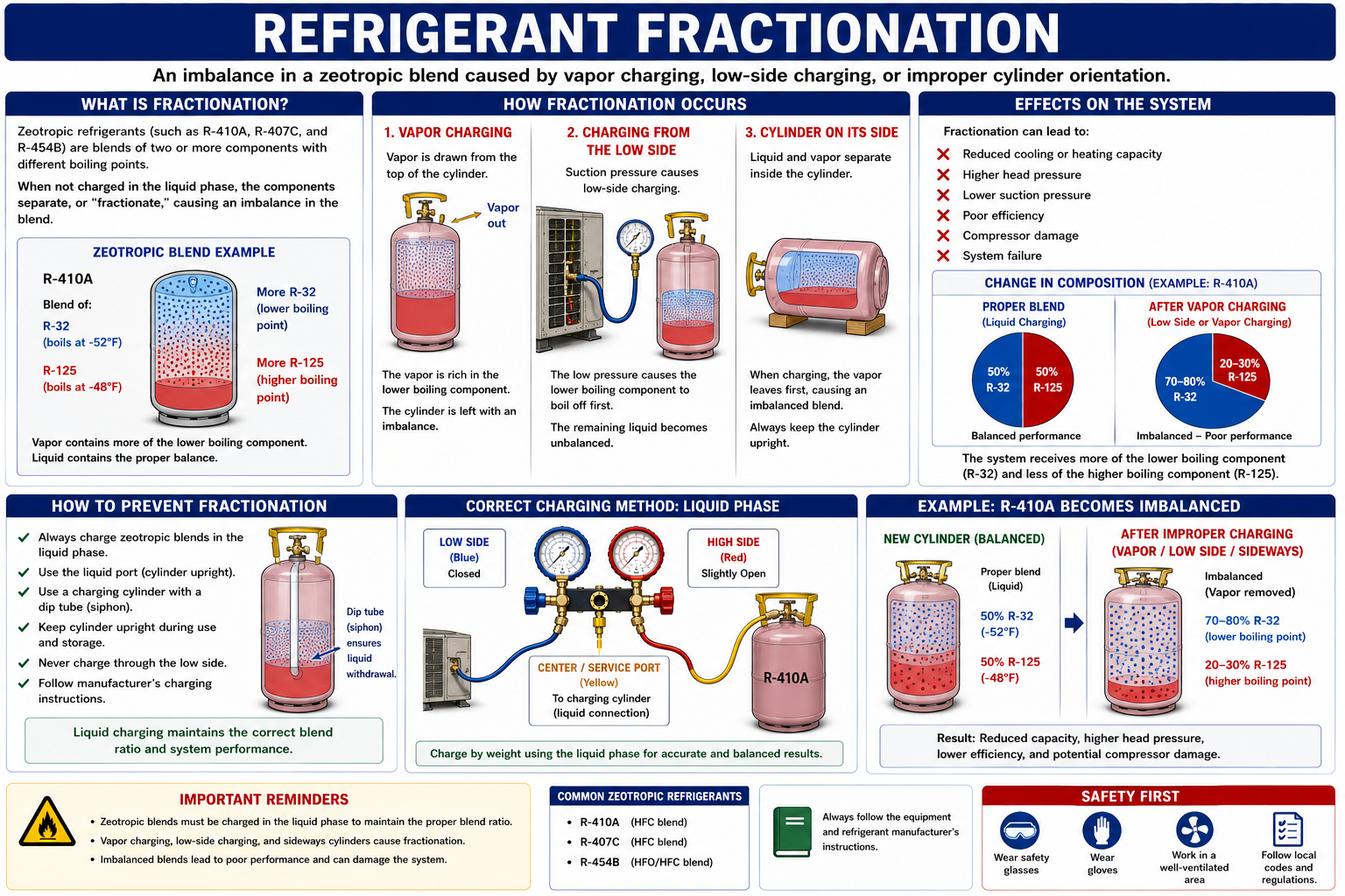 Diagram explaining refrigerant blend fractionation and why zeotropic blends should be charged as liquid