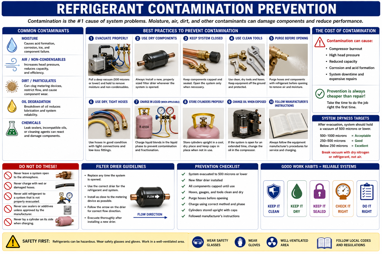 Refrigerant contamination prevention guide showing moisture, air, dirt, oil, and refrigerant cross-contamination controls