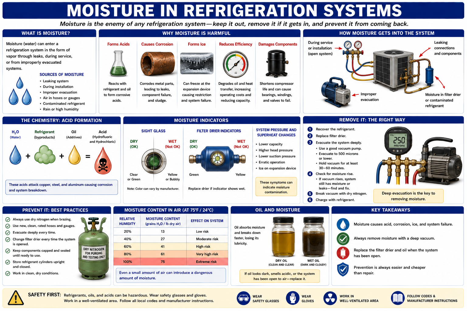 Diagram showing the effects of moisture inside a refrigeration system including ice formation, corrosion, acid formation, and oil contamination