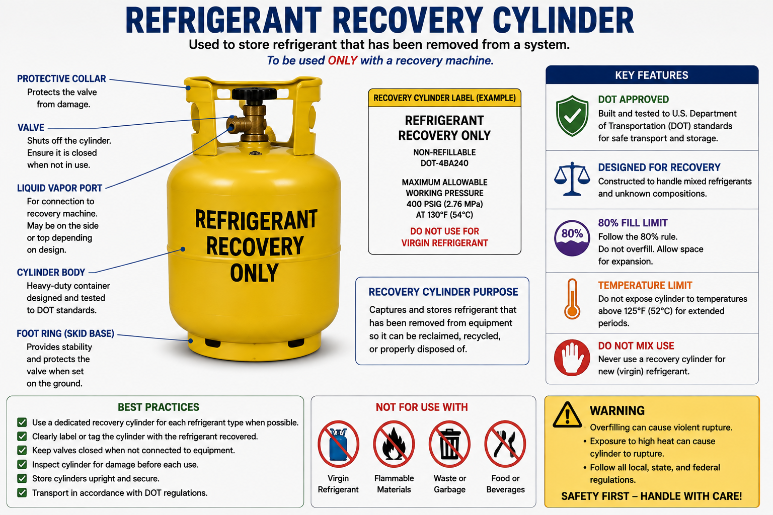 Recovery cylinder showing liquid and vapor valves, markings, and major cylinder components
