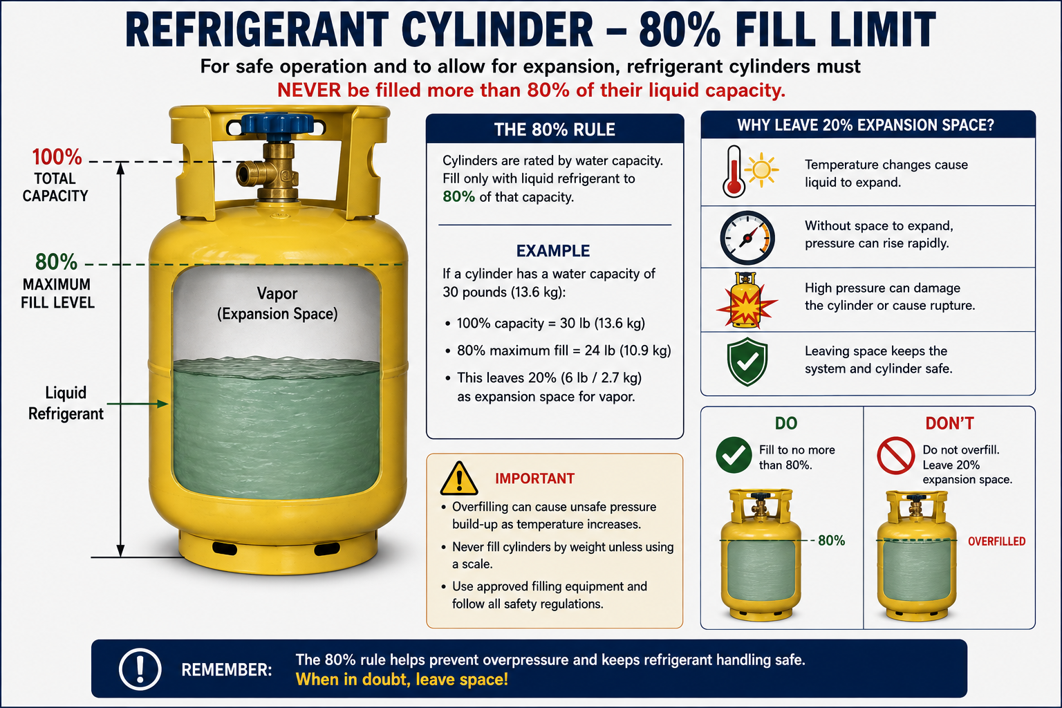 Cutaway diagram of a recovery cylinder illustrating the 80 percent liquid fill limit and required vapor expansion space
