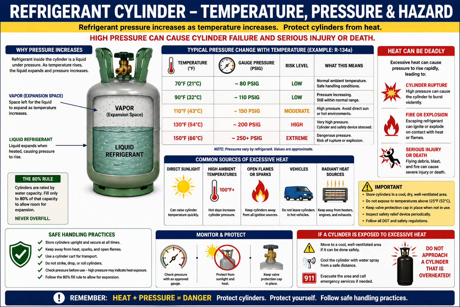 Safety diagram showing how increasing refrigerant cylinder temperature increases internal pressure