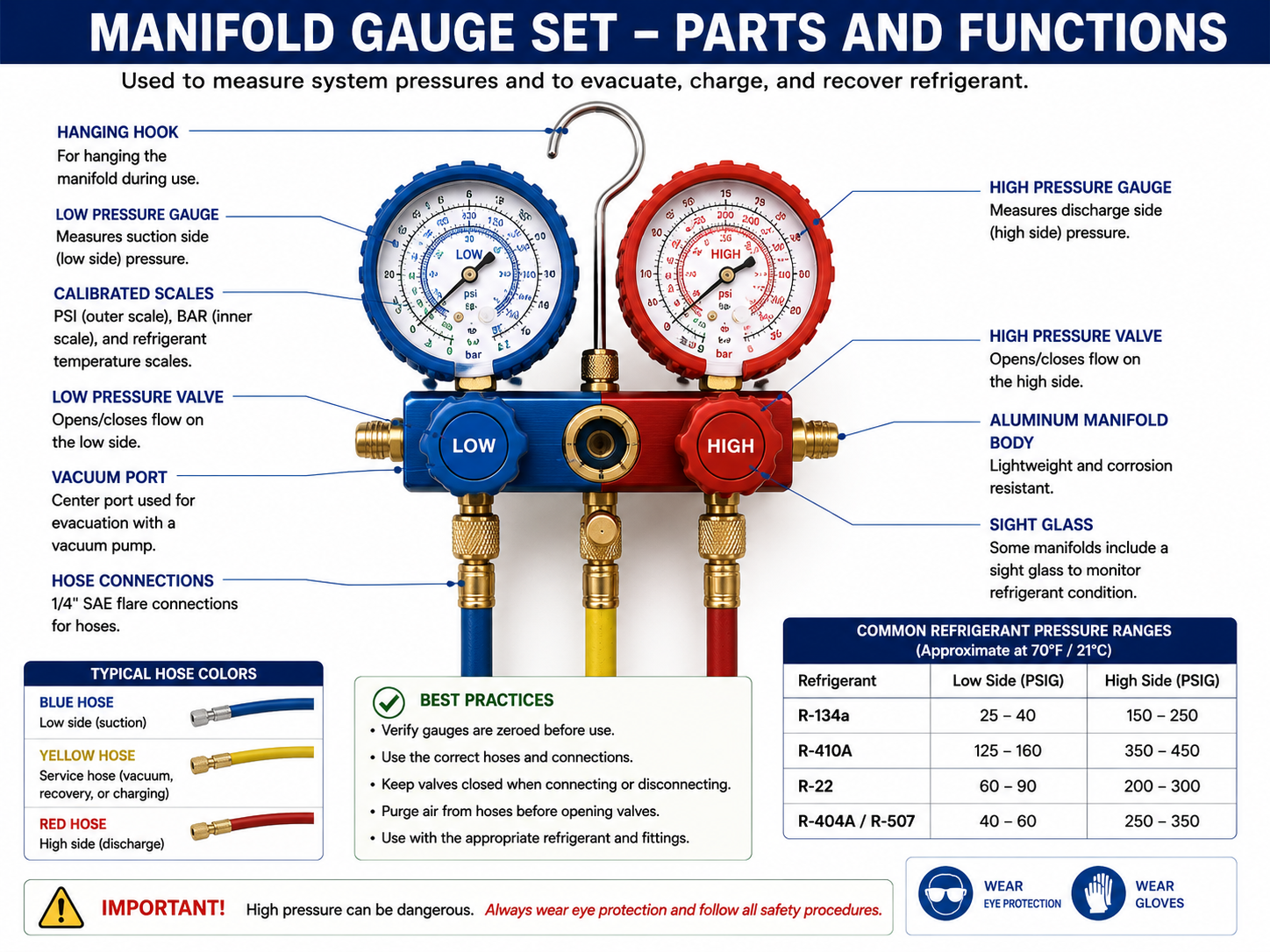 HVAC manifold gauge set showing low-side gauge, high-side gauge, manifold valves, hoses, and service connections