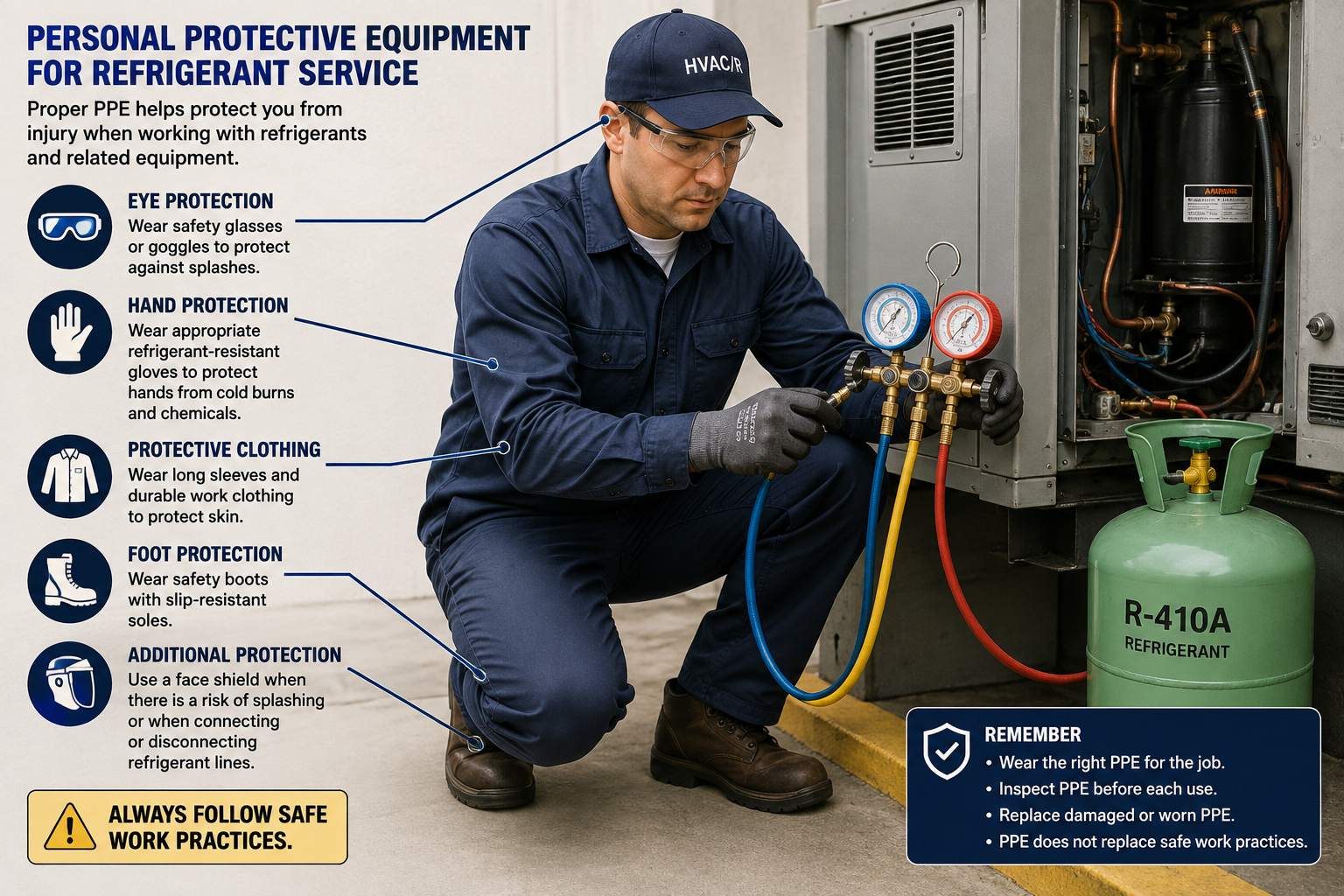 HVAC technician personal protective equipment for refrigerant service including safety glasses, protective gloves, work clothing, and protective footwear
