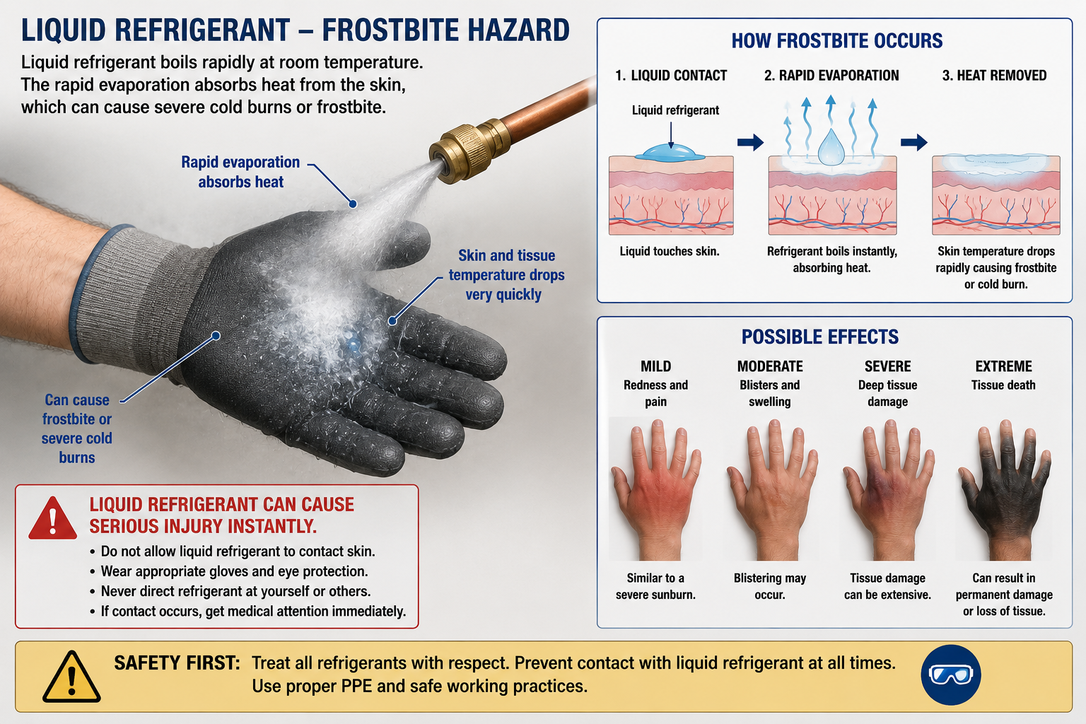 Illustration showing how rapidly evaporating liquid refrigerant can remove heat from skin and cause a frostbite injury