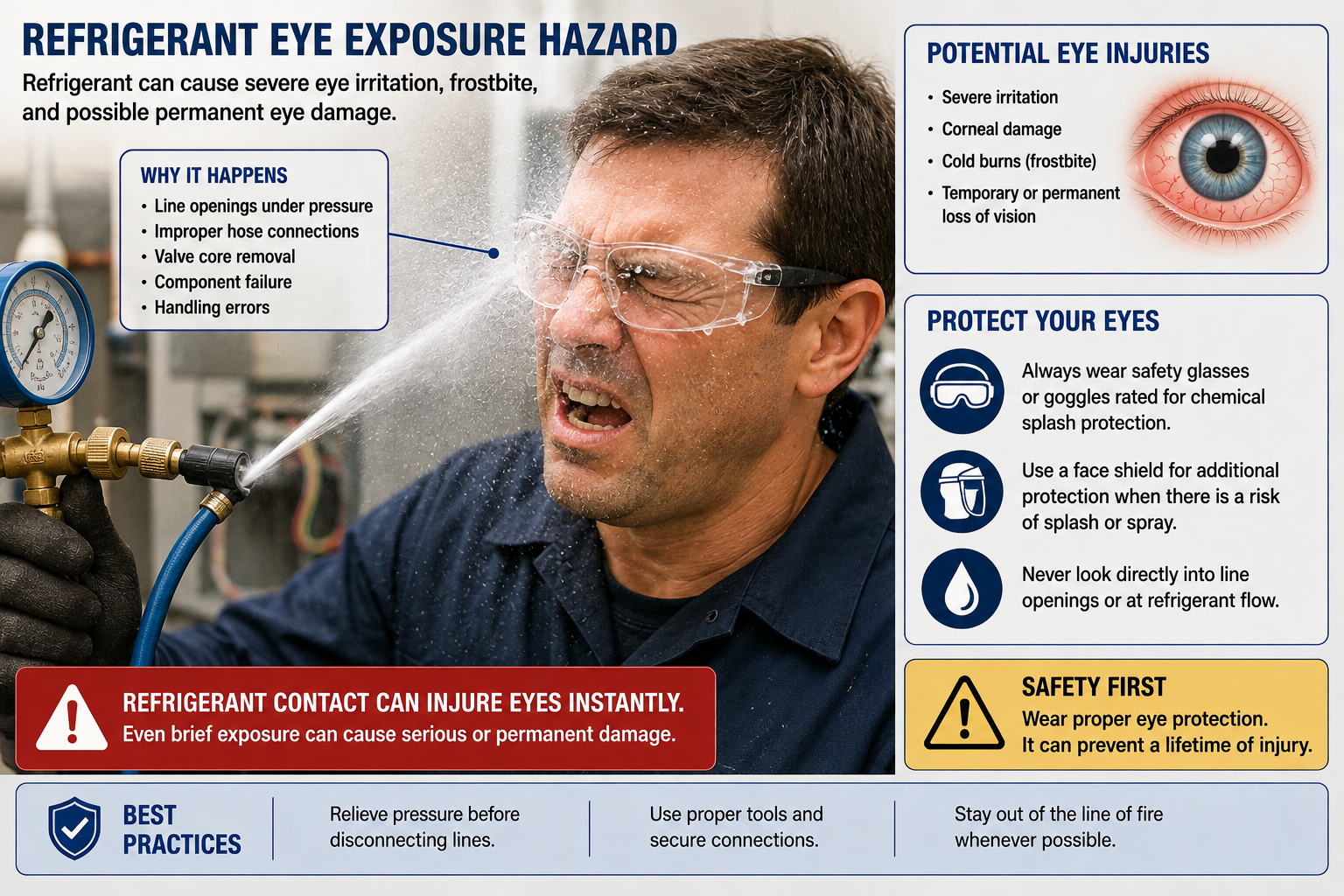 Safety illustration showing the danger of pressurized refrigerant entering a technician's eyes and the importance of proper eye protection