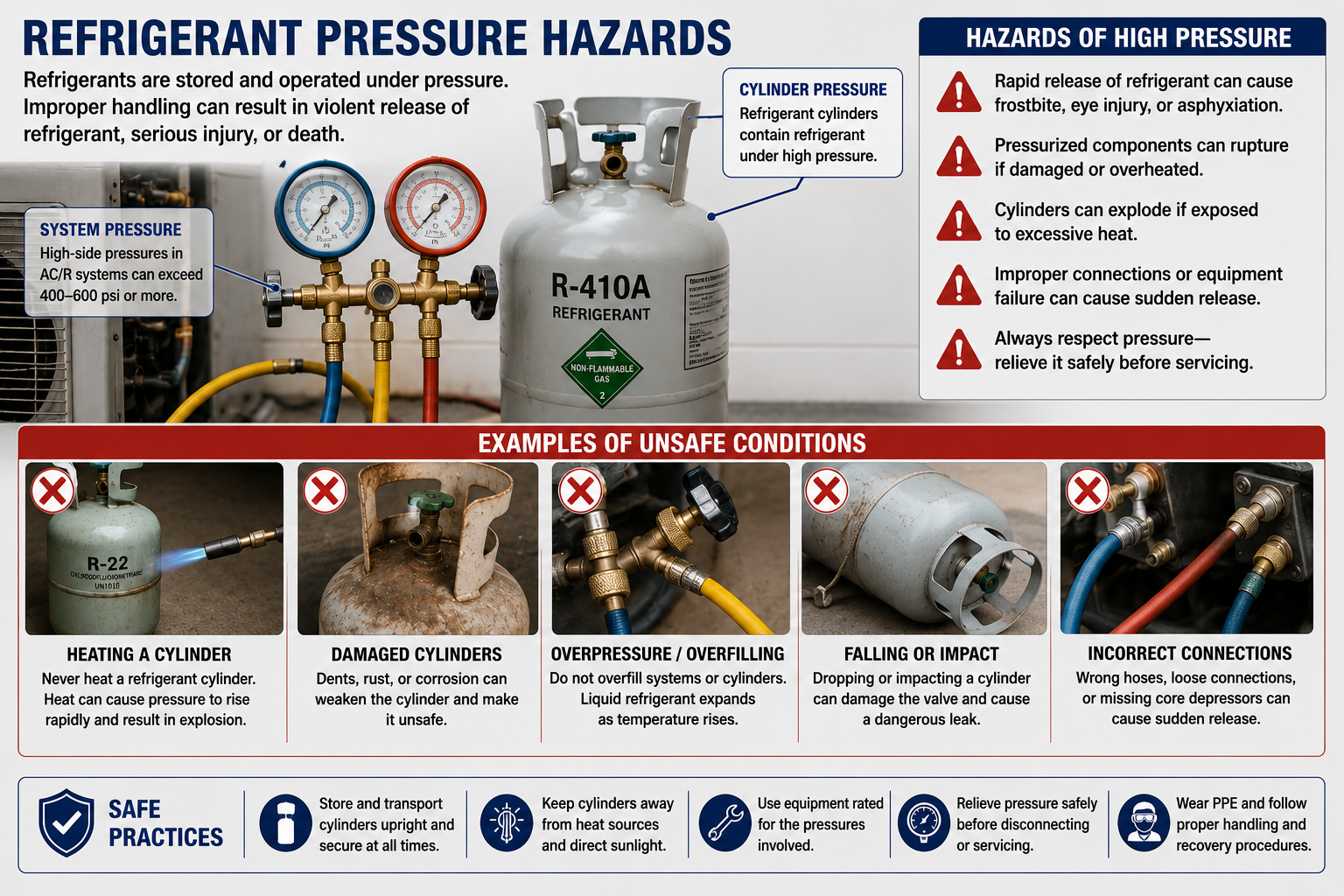 Diagram illustrating refrigerant pressure hazards including damaged hoses, loose fittings, pressurized cylinders, and sudden refrigerant release
