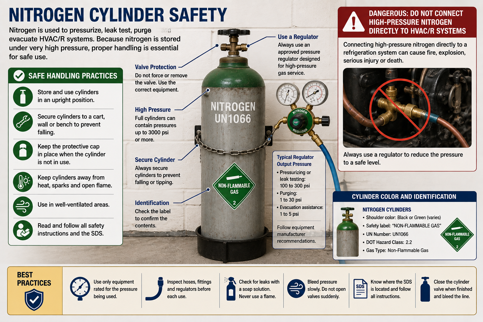 HVAC nitrogen cylinder safety illustration showing a secured upright cylinder, protective valve handling, regulator use, and controlled pressure