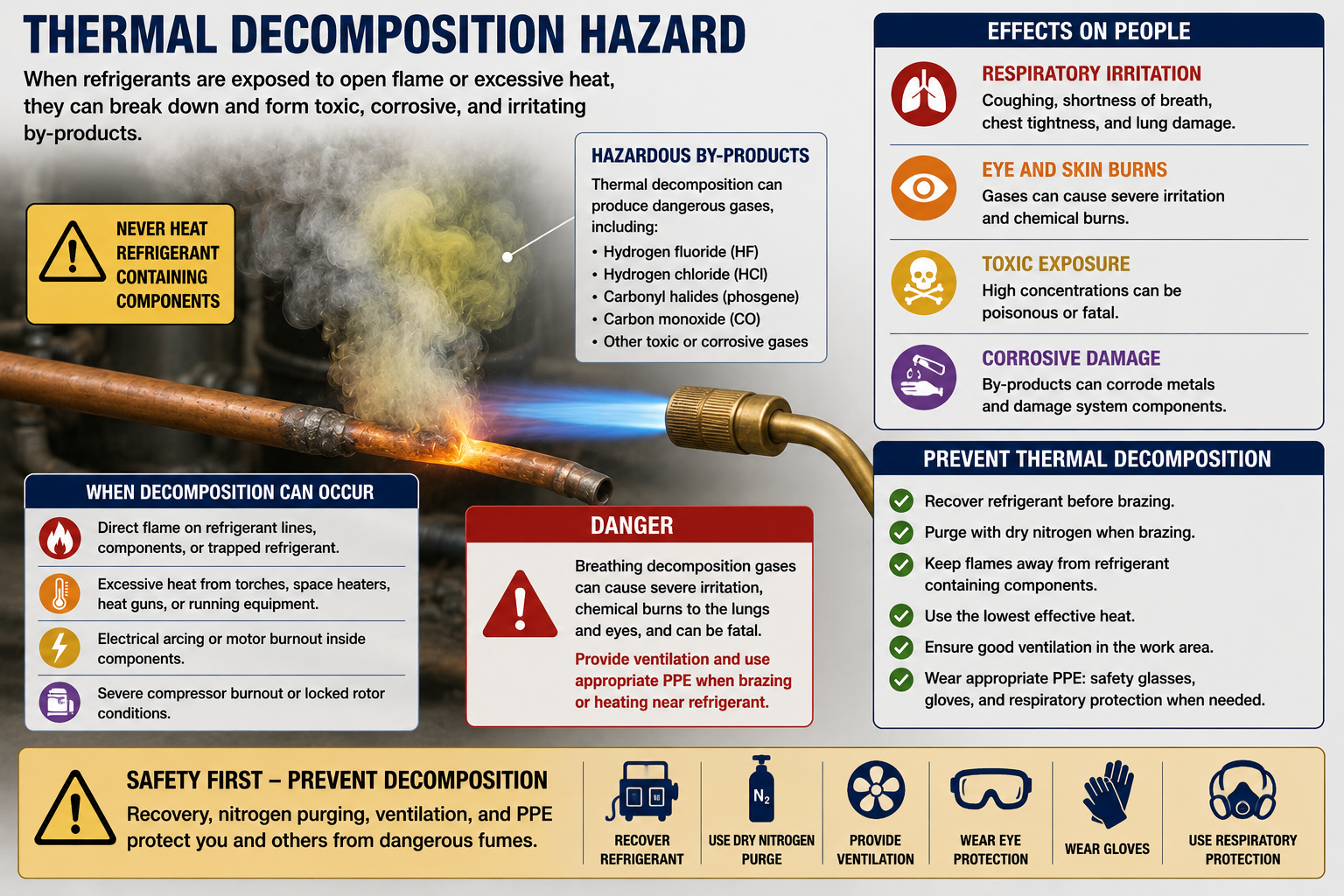 Diagram showing refrigerant vapor exposed to high heat or flame and producing hazardous thermal decomposition products