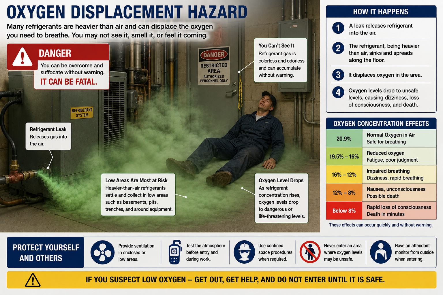 Diagram showing refrigerant vapor entering an enclosed space and displacing air, causing the oxygen concentration in the space to decrease