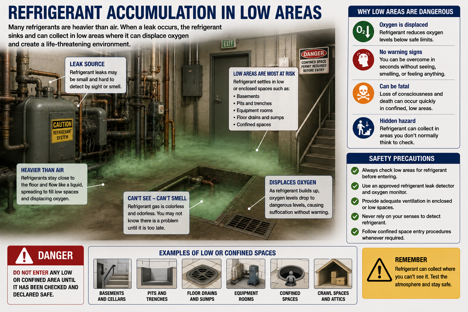 Diagram showing refrigerant vapor accumulating in low areas such as pits, floor depressions, crawlspaces, and other poorly ventilated locations