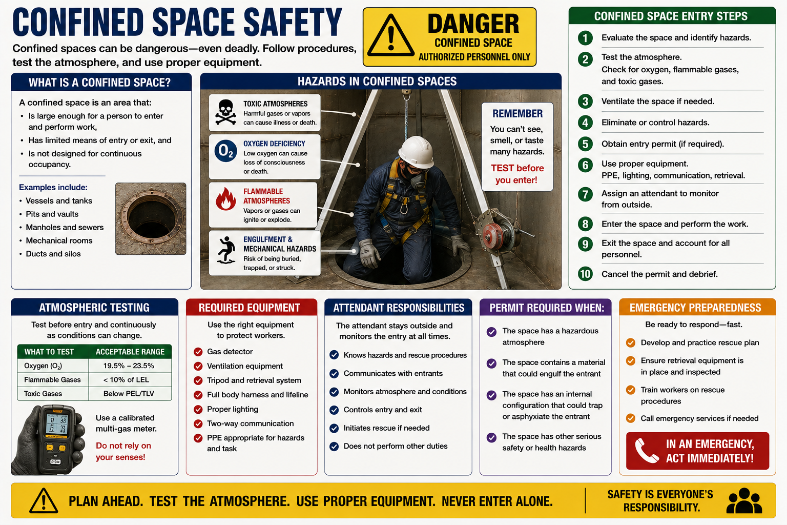 HVAC confined-space safety diagram showing restricted entry, atmospheric testing, ventilation, an attendant, communication, and rescue planning
