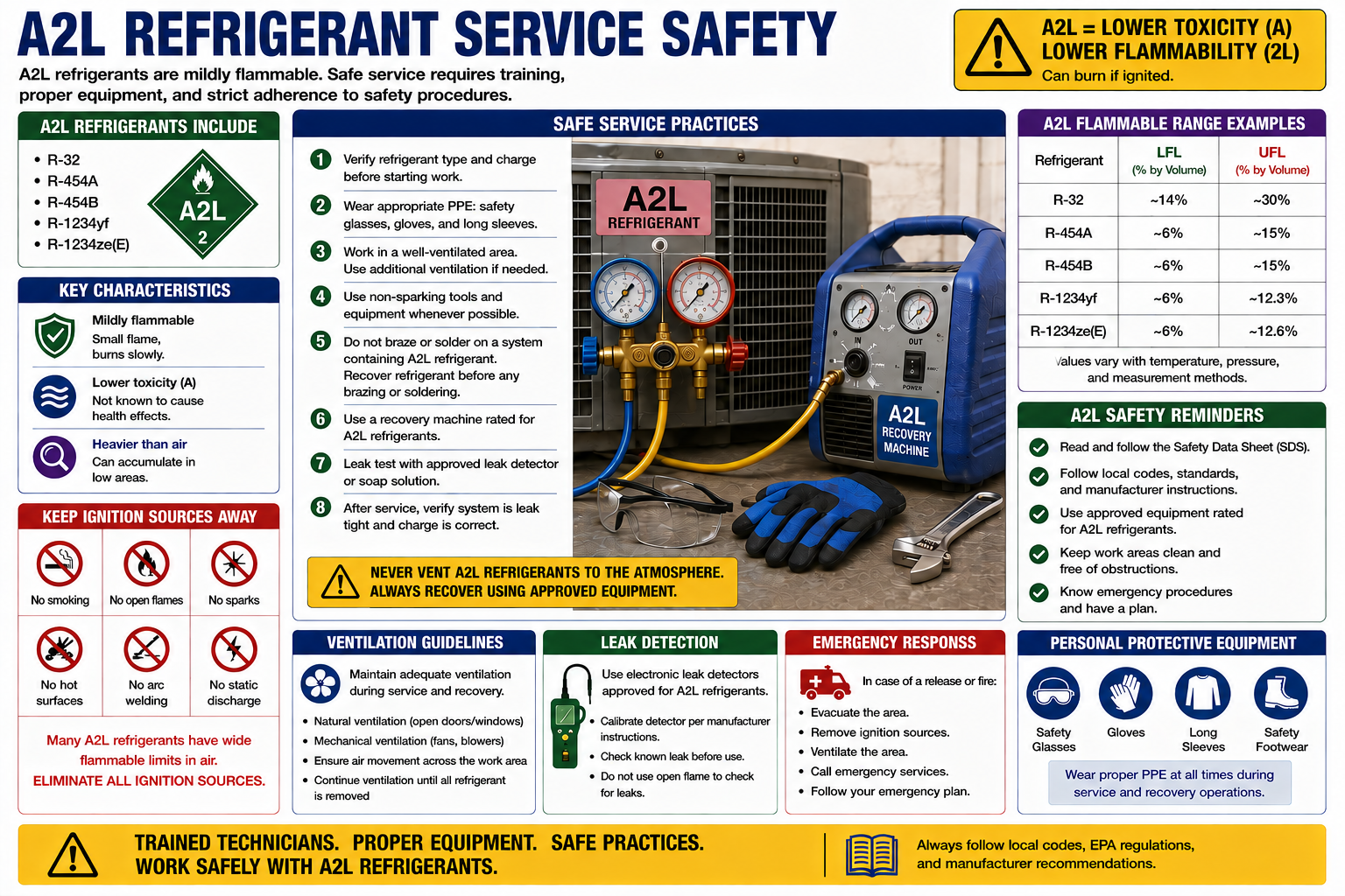 A2L refrigerant service safety diagram showing ventilation, ignition-source control, leak detection, approved recovery equipment, personal protective equipment, and refrigerant identification