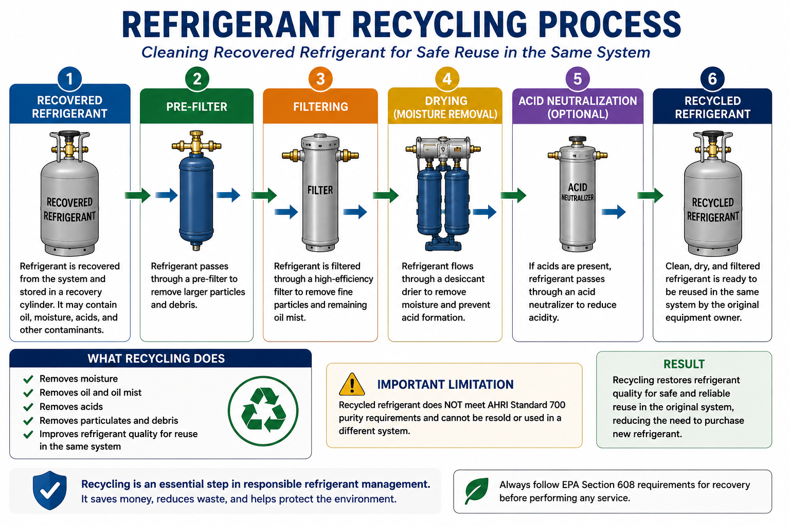 Refrigerant recycling process showing recovered refrigerant passing through oil separation, filtration, drying, and contaminant removal before same-owner reuse