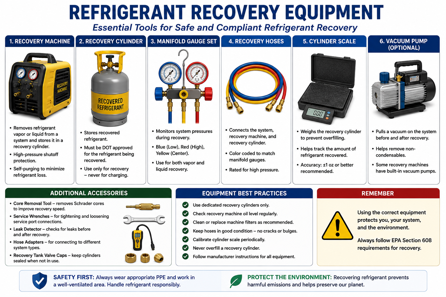 Refrigerant recovery equipment including a recovery machine, recovery cylinder, manifold gauge set, service hoses, refrigerant scale, and related HVAC service tools