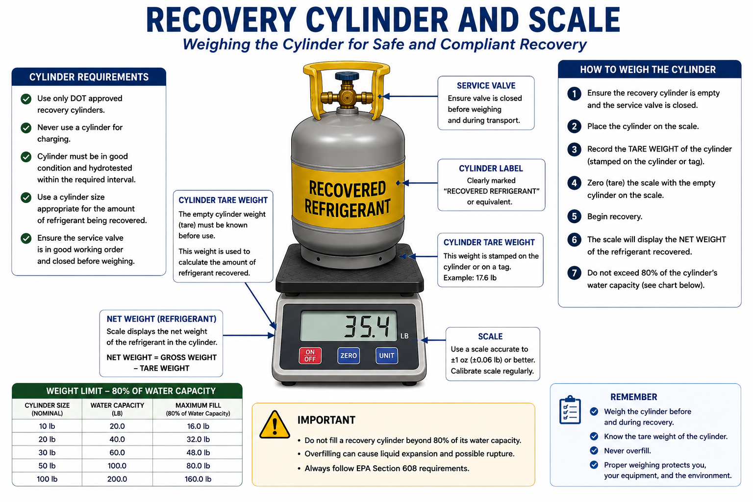 Refrigerant recovery cylinder resting on a digital scale showing cylinder tare weight, gross weight, refrigerant weight, cylinder valves, and safe fill monitoring
