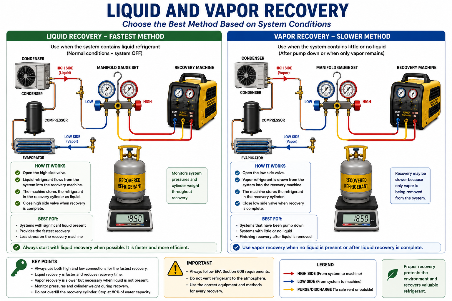 Comparison of liquid and vapor refrigerant recovery showing liquid removed from the high side and vapor removed from the low side through a recovery machine into a recovery cylinder