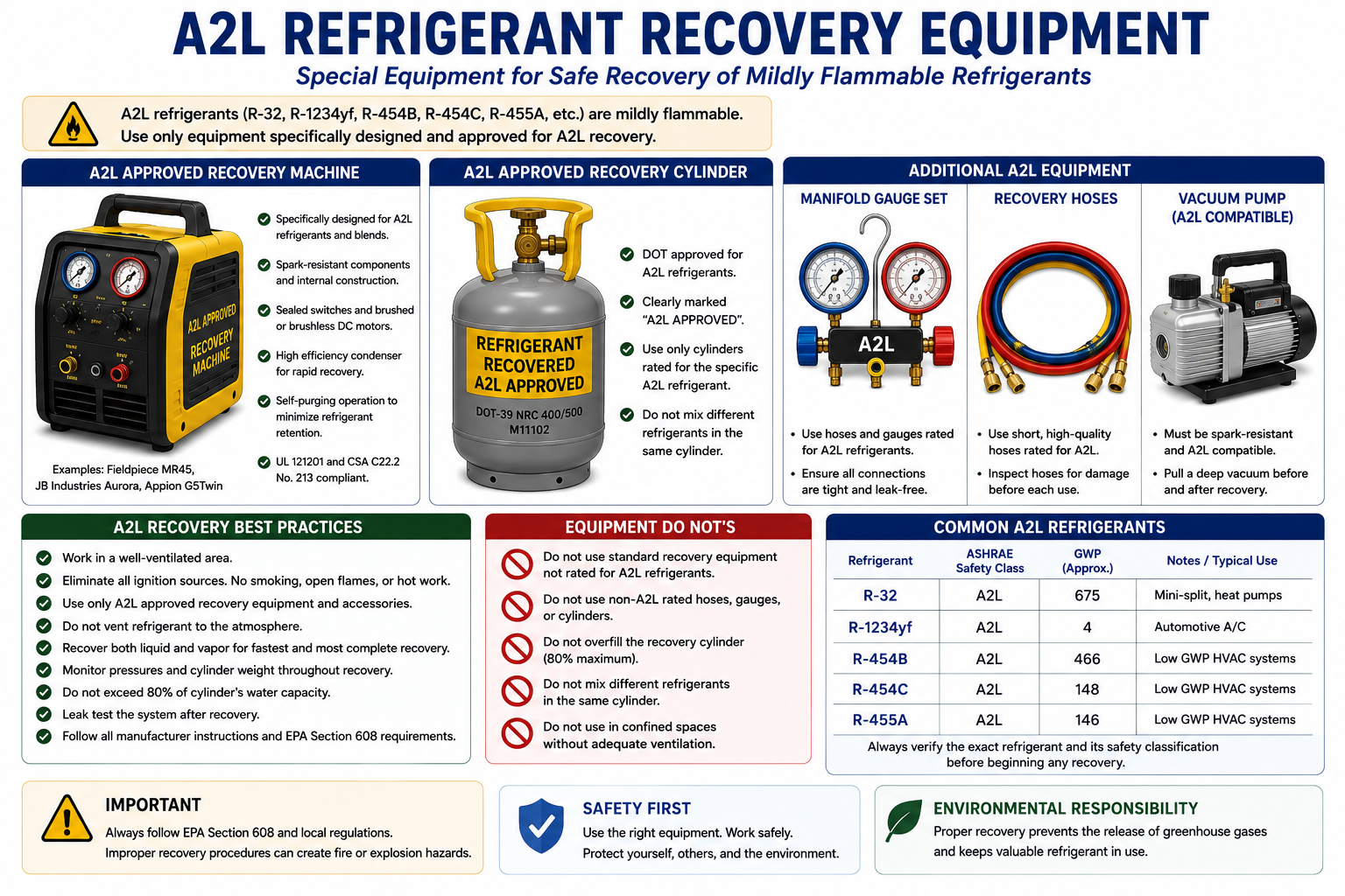 A2L refrigerant recovery equipment including an A2L-compatible recovery machine, recovery cylinder, hoses, manifold equipment, ventilation, ignition-source control, and appropriate service tools