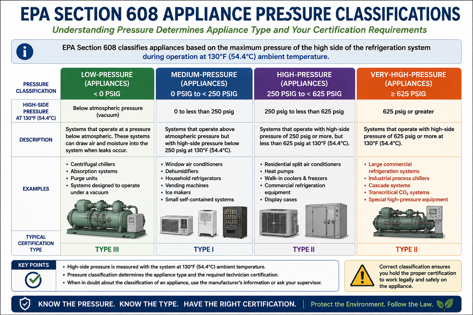 EPA Section 608 appliance pressure classification chart comparing low-pressure, medium-pressure, high-pressure, and very-high-pressure refrigeration and air-conditioning equipment