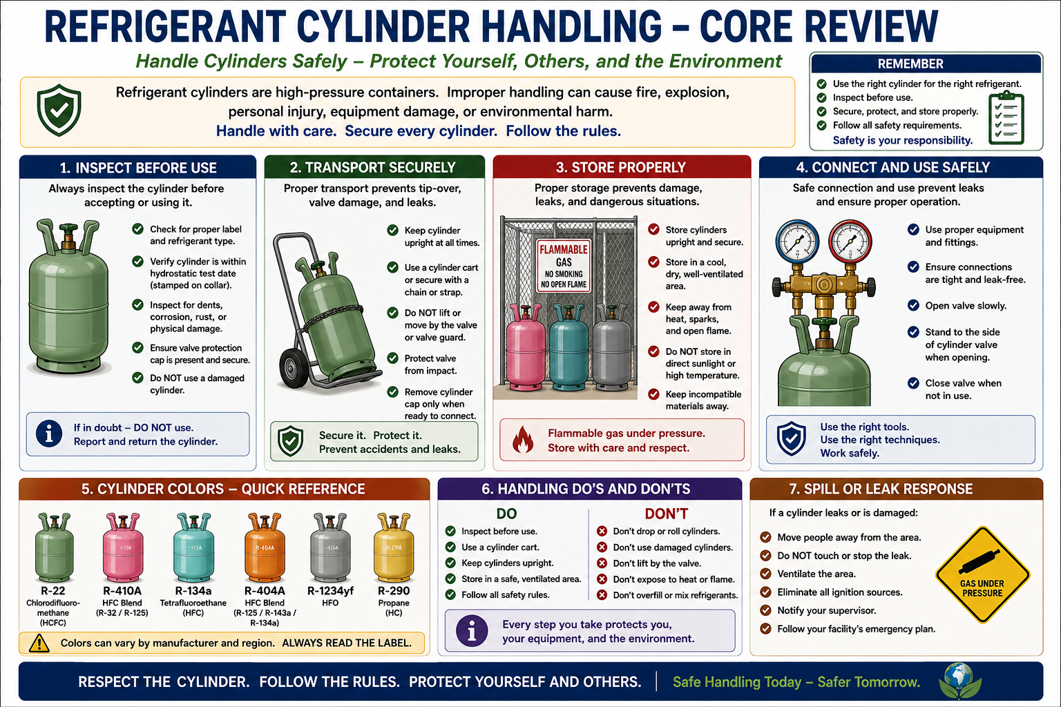 EPA Section 608 Core review of refrigerant cylinder safety including temperature, pressure, storage, transport, labeling, and safe handling