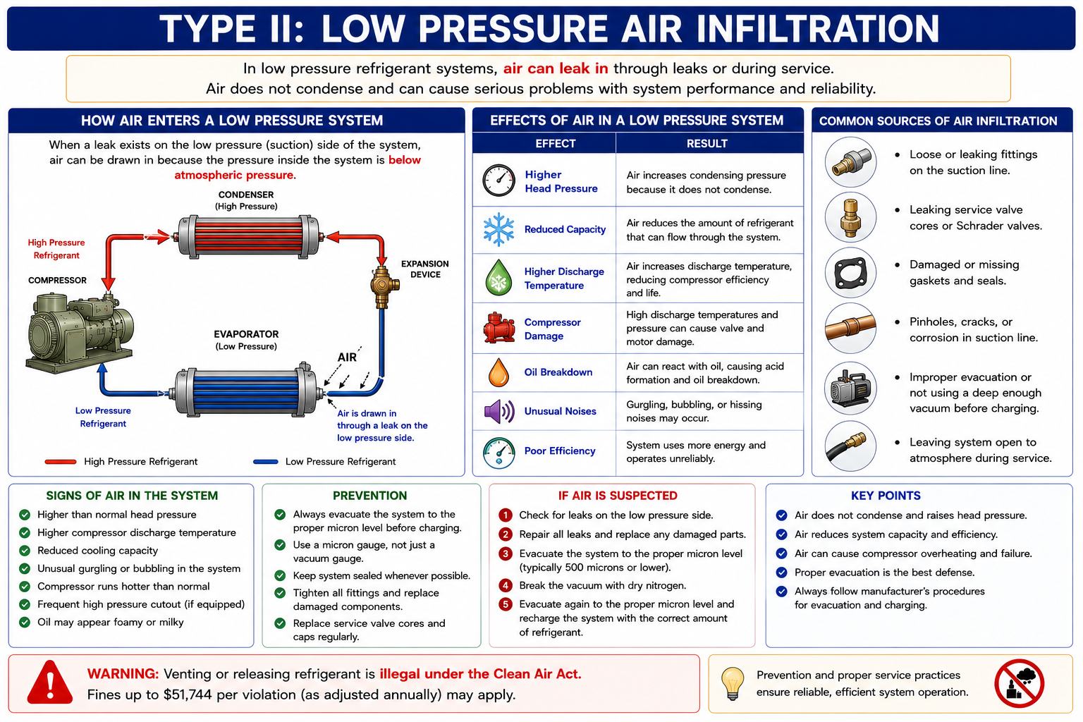 Diagram showing atmospheric air and moisture entering a low-pressure refrigeration system through a leak while system pressure is below atmospheric pressure