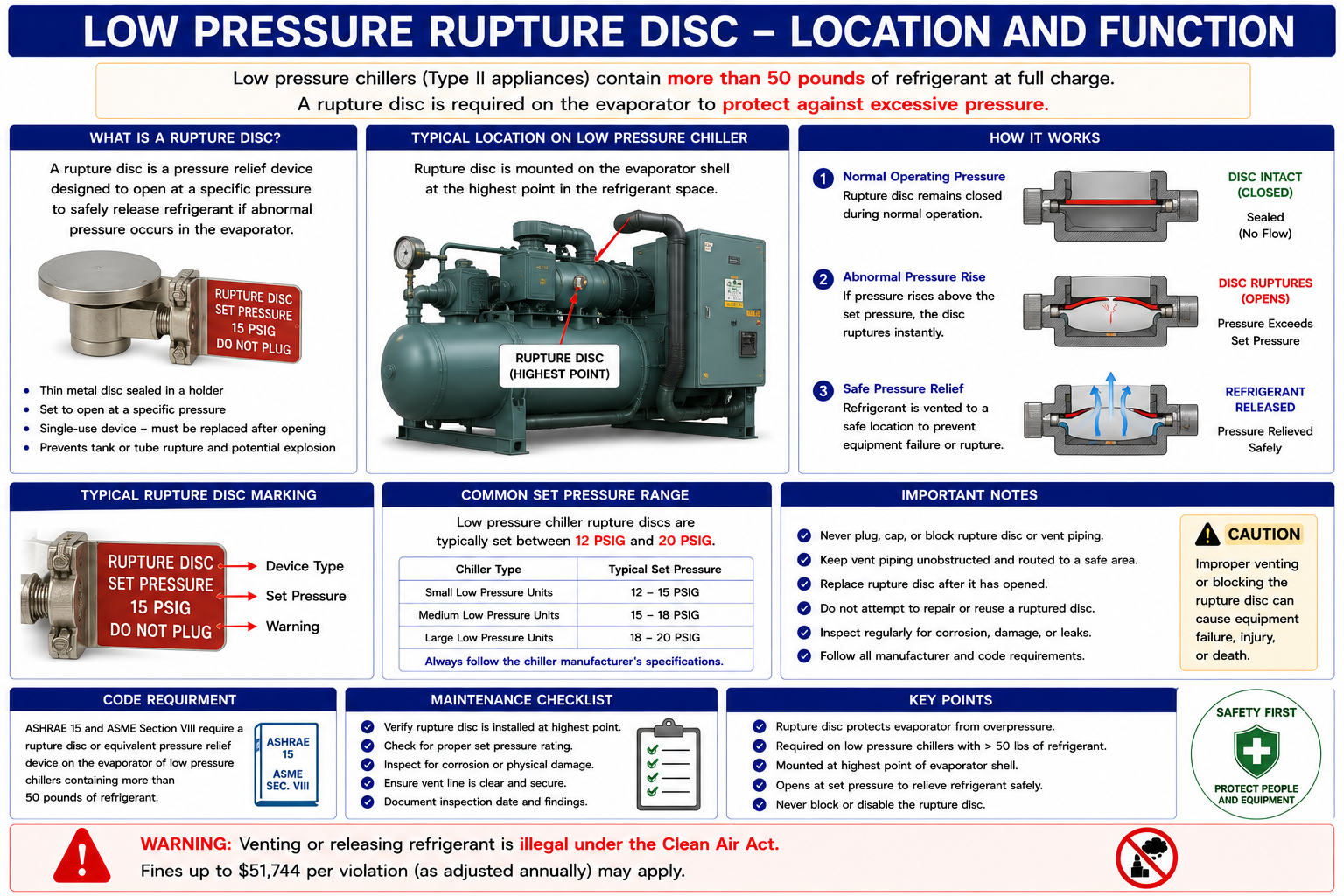 Low-pressure chiller rupture disc safety diagram showing pressure relief from the refrigeration vessel through a properly routed discharge path