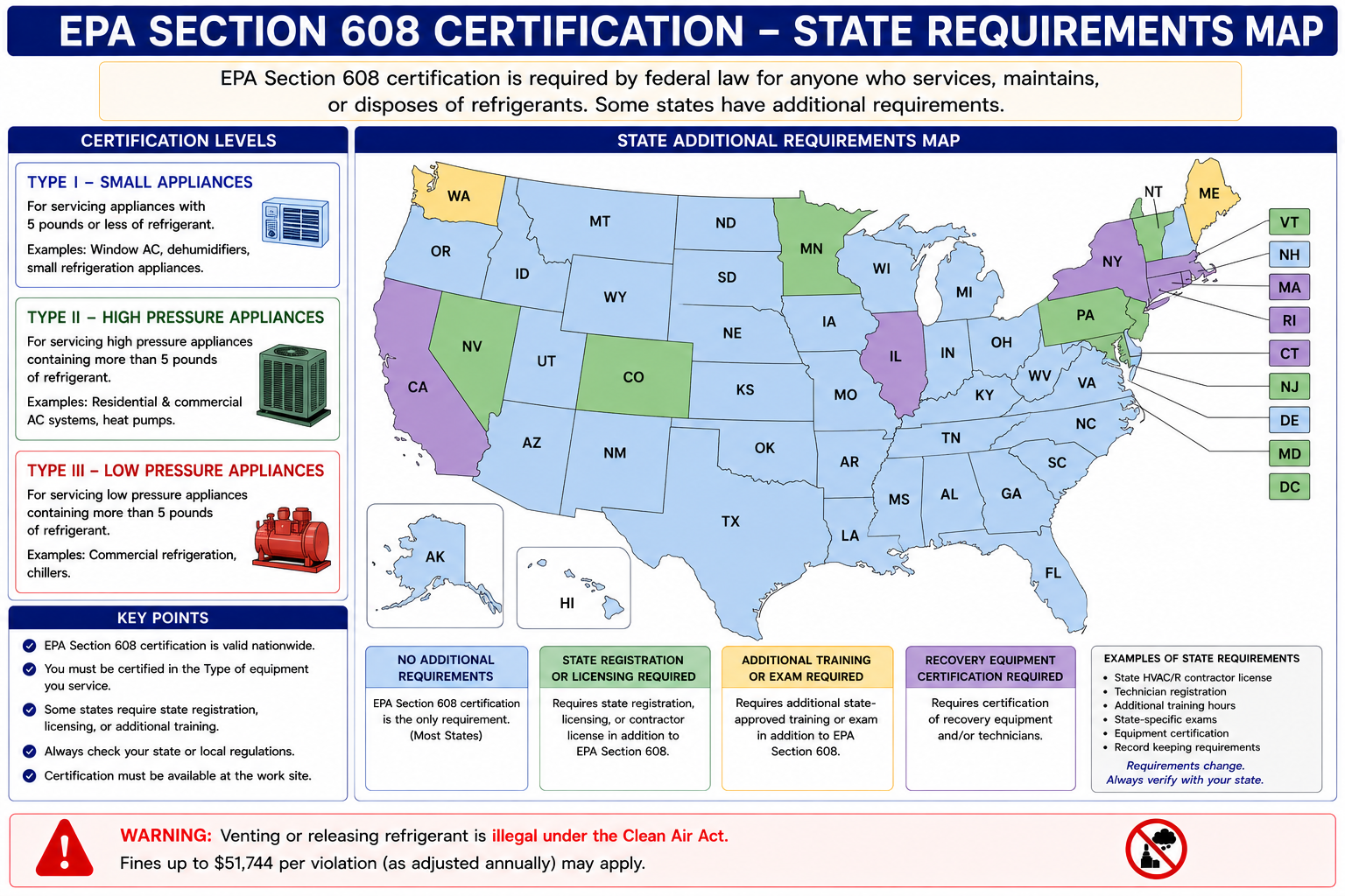 EPA Section 608 certification map showing Core knowledge combined with Type I small appliances, Type II high-pressure appliances, Type III low-pressure appliances, and Universal certification