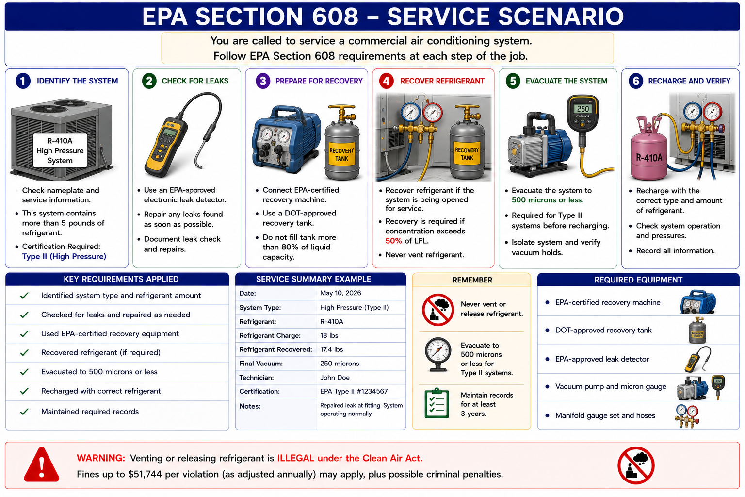 EPA Section 608 service scenario decision tree showing appliance identification, refrigerant identification, certification category, charge size, service operation, recovery requirement, safety concerns, and required action
