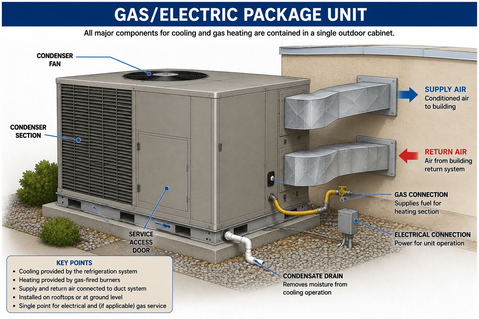 Gas electric packaged air-conditioning unit showing the outdoor cabinet, supply and return ducts, gas connection, electrical connection, condensate drain, and combustion exhaust