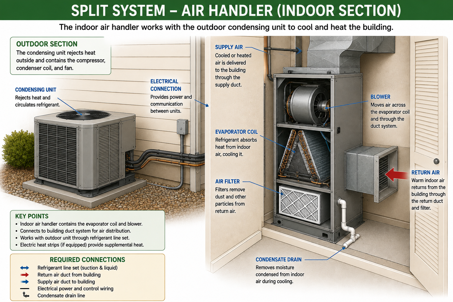Split air-conditioning system showing an outdoor condensing unit connected by refrigerant piping to an indoor air handler with return and supply ductwork