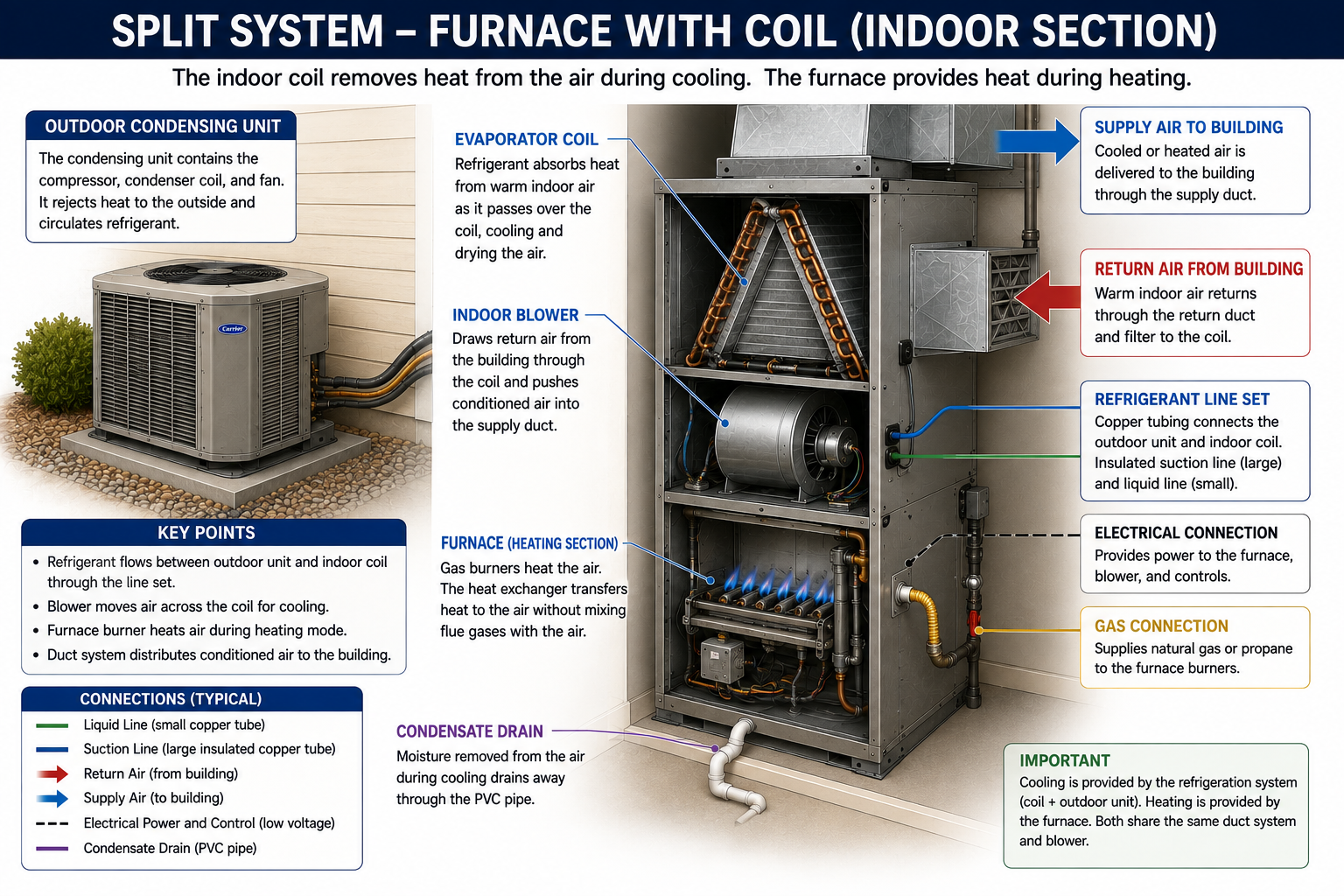 Conventional split air-conditioning system with outdoor condensing unit connected to a cased evaporator coil installed above an upflow gas furnace