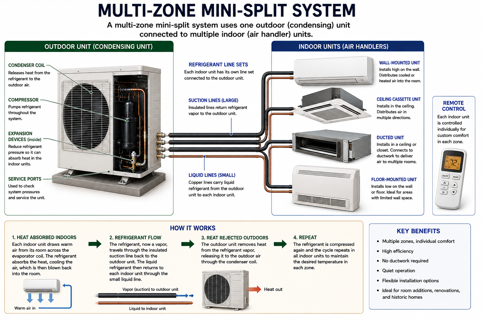 Multi-zone mini-split system showing one outdoor unit serving several indoor units including wall-mounted, ceiling, concealed ducted, and floor-mounted configurations