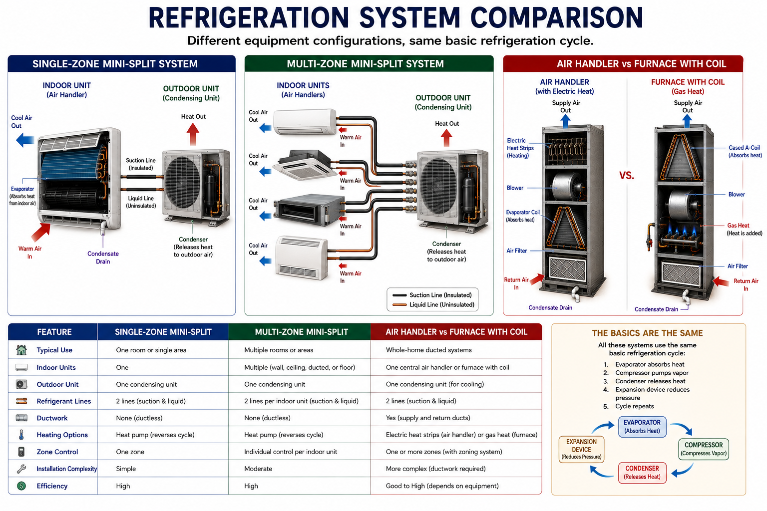Comparison of packaged air-conditioning equipment, conventional split systems with air handlers and gas furnaces, and ductless mini-split systems