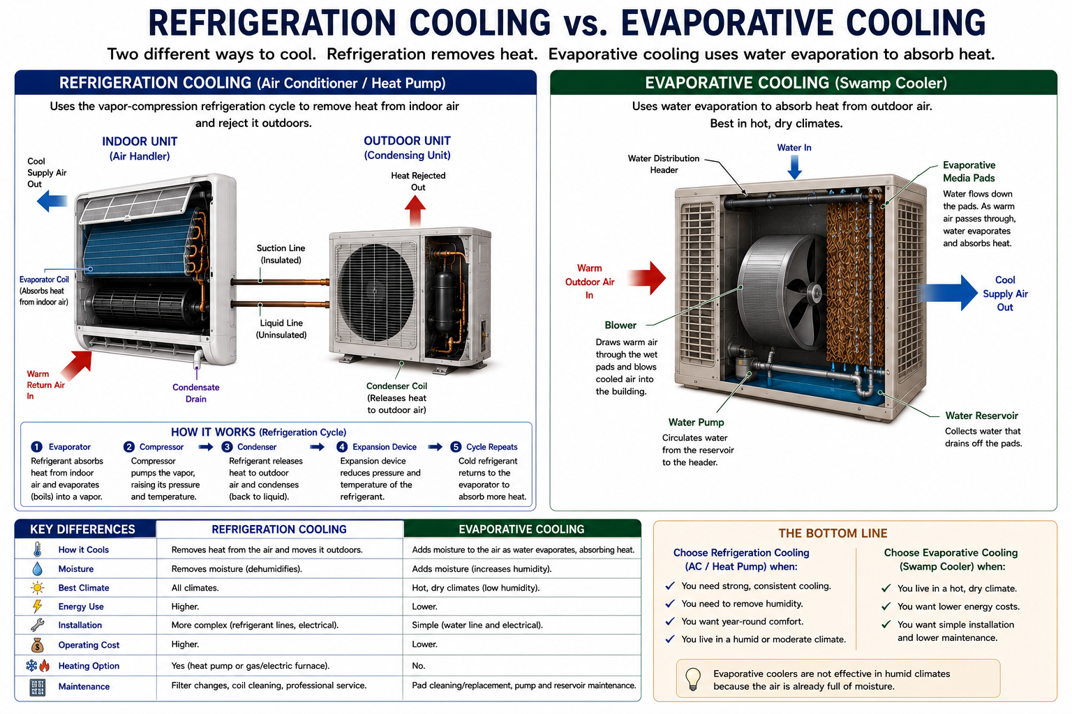 Comparison of mechanical refrigeration air conditioning and evaporative cooling showing refrigeration transferring heat outdoors and evaporative cooling using water evaporation to cool outdoor air