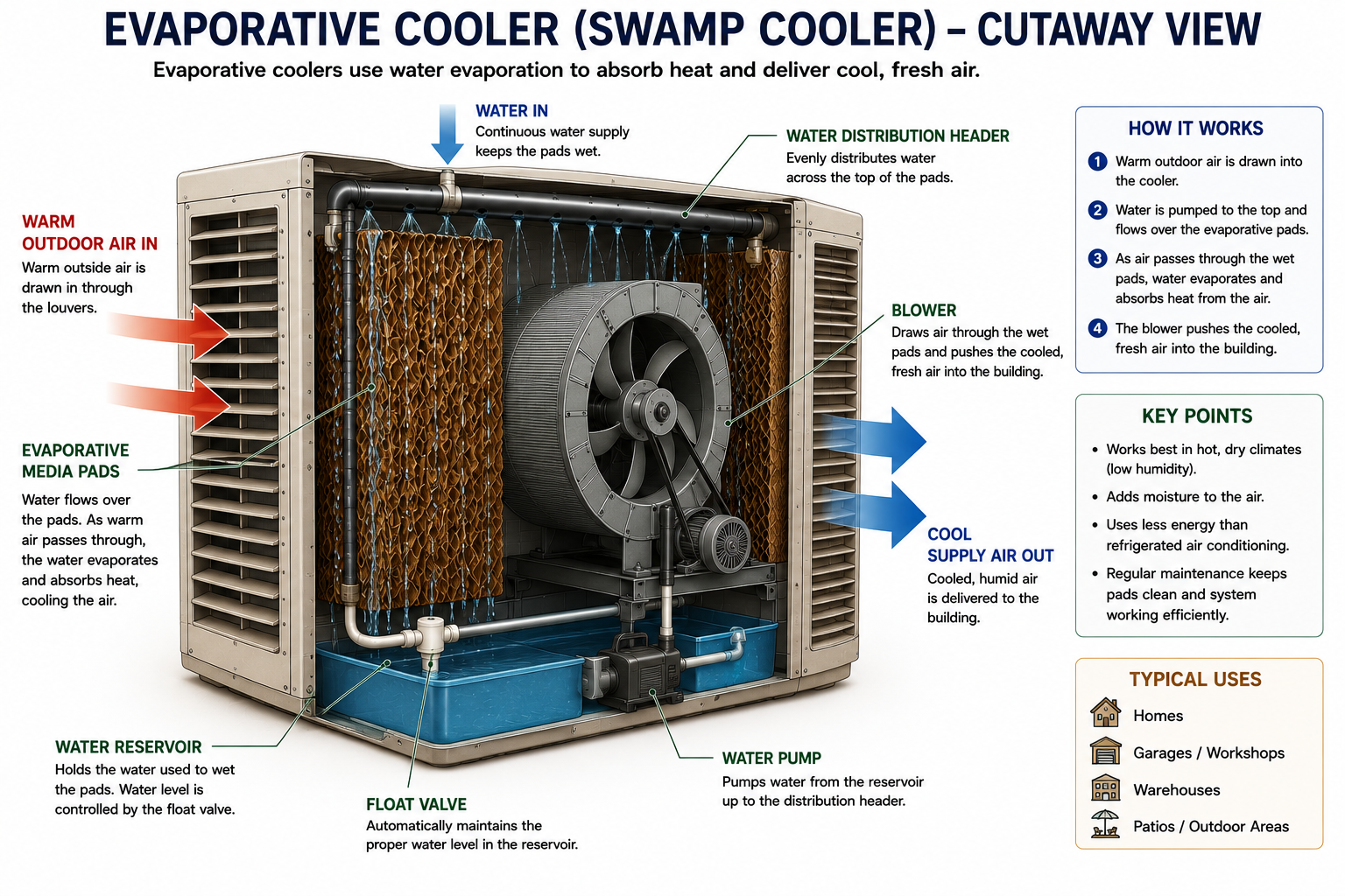 Cutaway diagram of a direct evaporative cooler showing evaporative media, water distribution system, pump, reservoir, float valve, blower, outdoor air inlet, and cooled-air outlet
