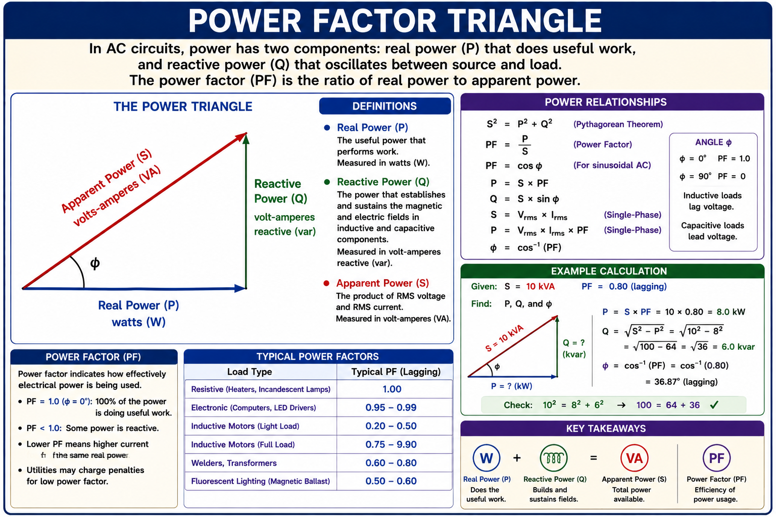 Power factor triangle showing real power, reactive power, apparent power, and phase angle