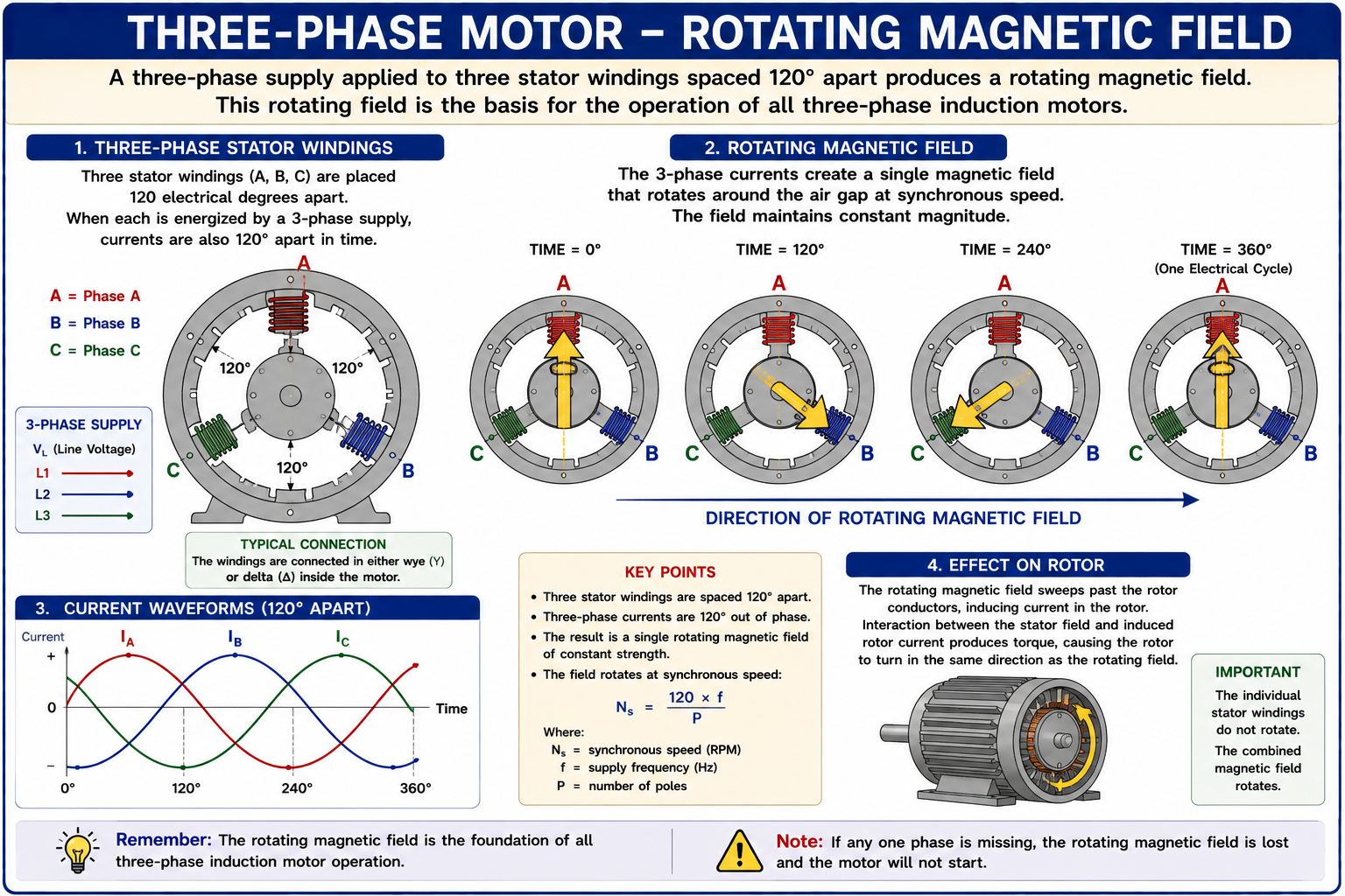 Three-phase induction motor showing stator windings, three-phase current waveforms, and the rotating magnetic field produced around the stator